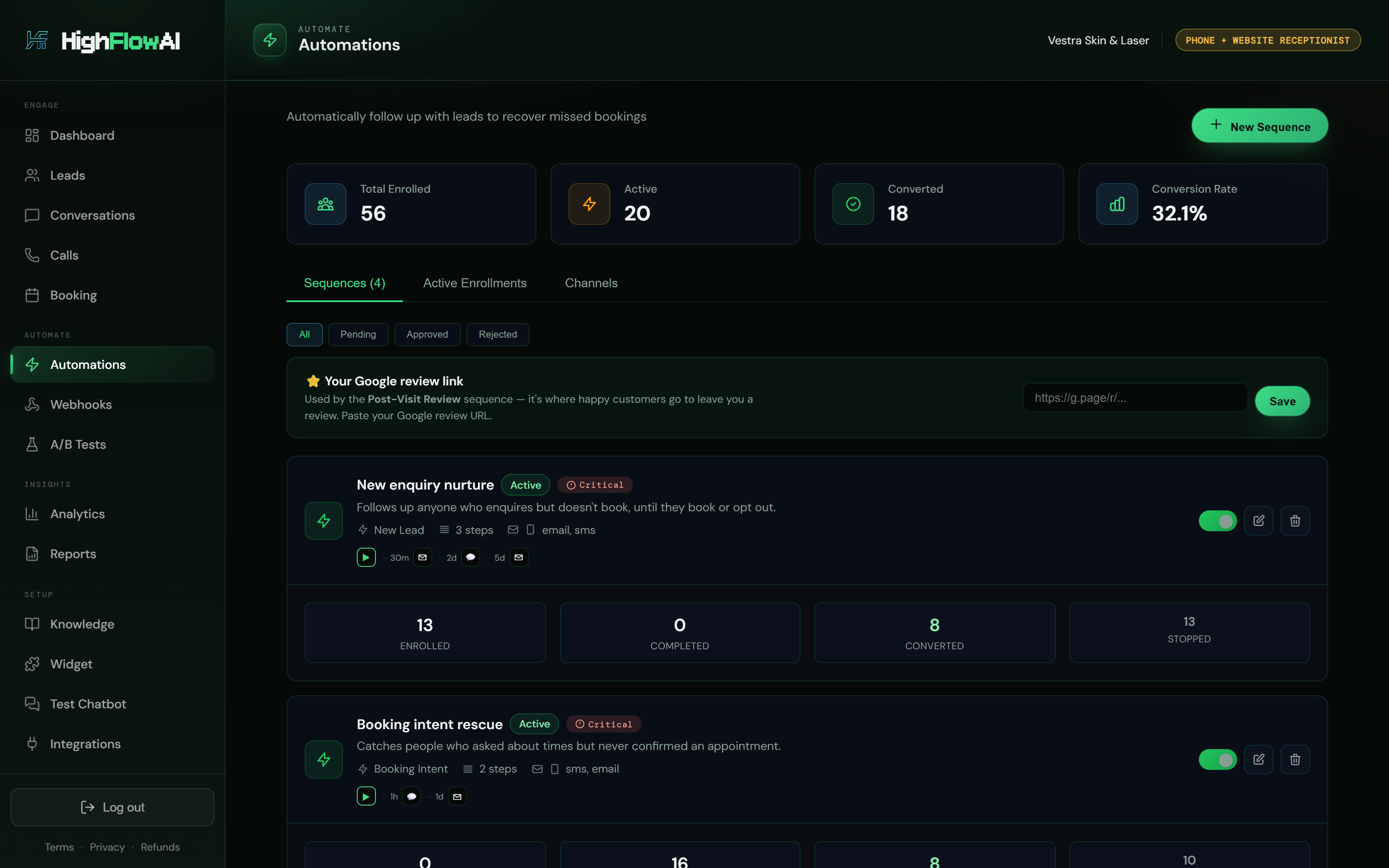 The Automations page of the HighFlowAI dashboard: follow-up sequences with their steps, channels, and enrolment and conversion counts.