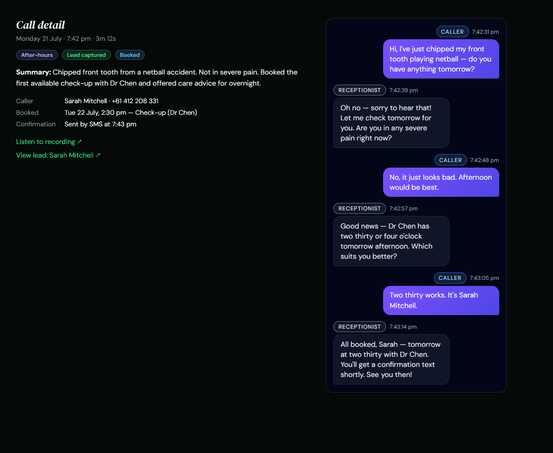 Call detail in the HighFlowAI dashboard: an after-hours call summary tagged Lead captured and Booked, with booking details and the full phone transcript.